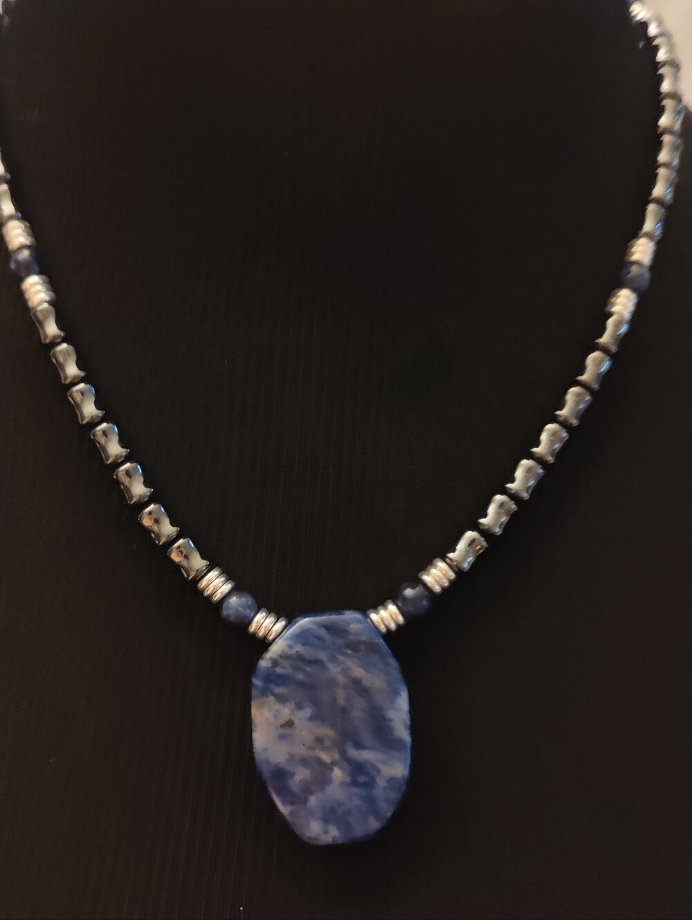 Handcrafted Sodalite & Magnetic Hematite 19" Necklace Blue Natural Stone Pendant